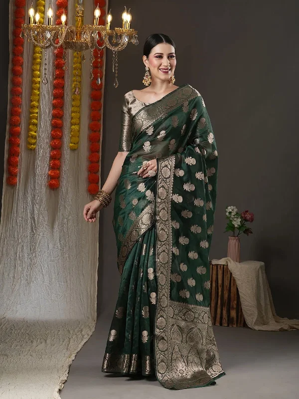 Saree Mall Women's Organza Green Woven Design Designer Saree With Blouse Piece-KANCHI4003 Short Sleeve Blouse