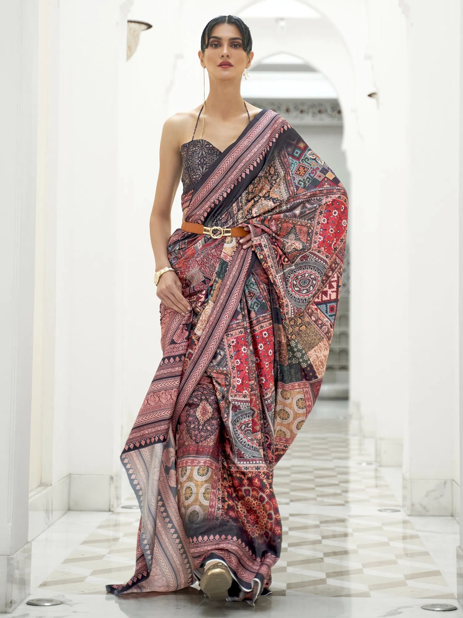 Saree Mall Women's Crepe Multicolored Digital Print Celebrity Saree With Blouse Piece-KLMKR232009 Elegant Lace Blouse