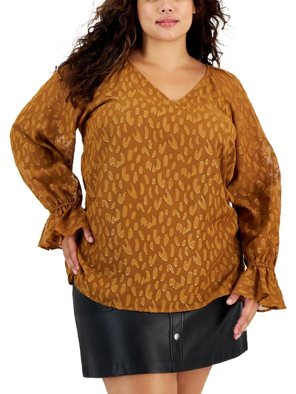 Plus Womens Metallic Burnout Blouse Stretchy Fitted Blouse
