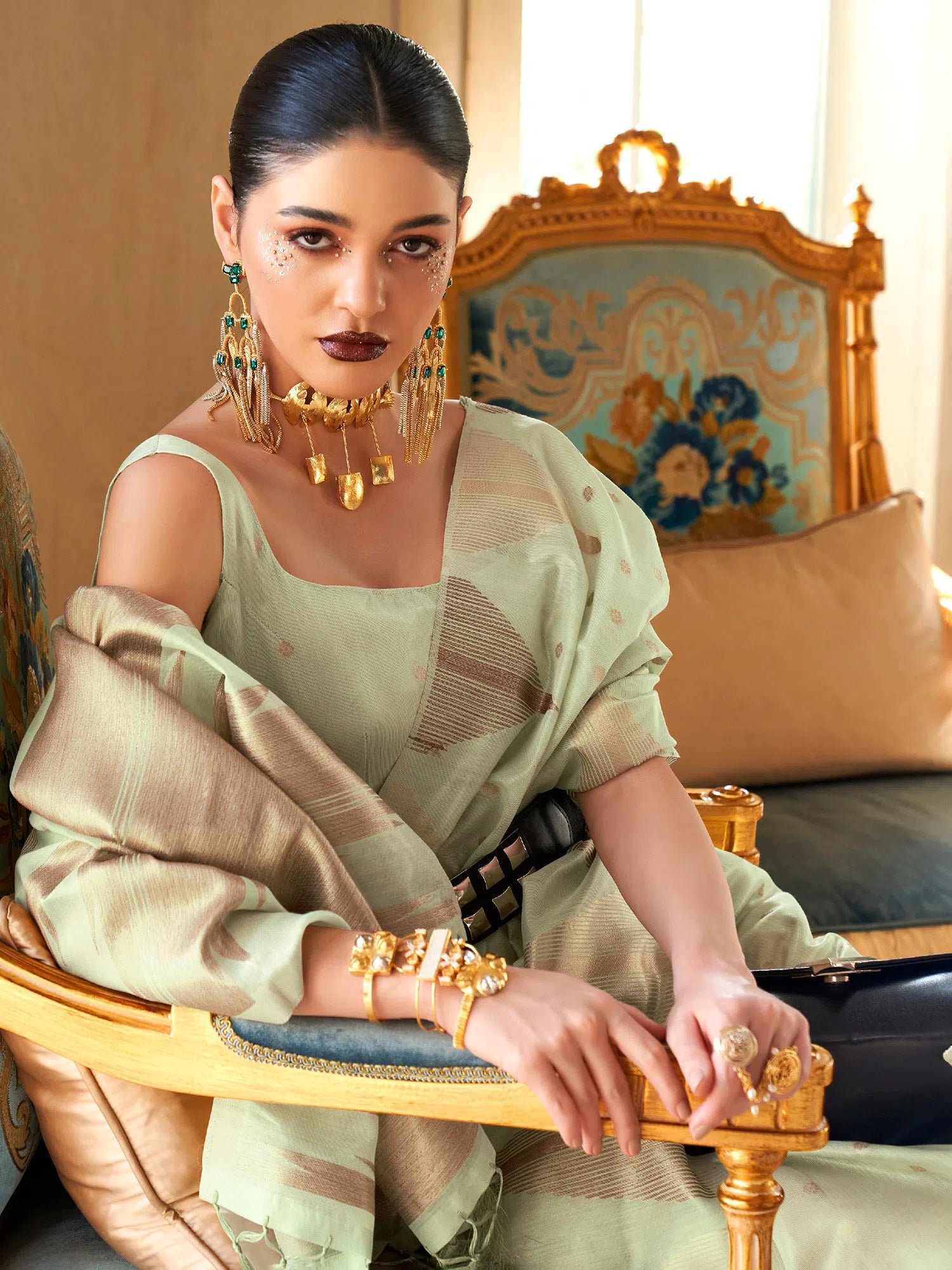 Saree Mall Women's Tissue Sea Green Woven Design Designer Saree With Blouse Piece-KYARI8006 Off-Shoulder Wrap Blouse