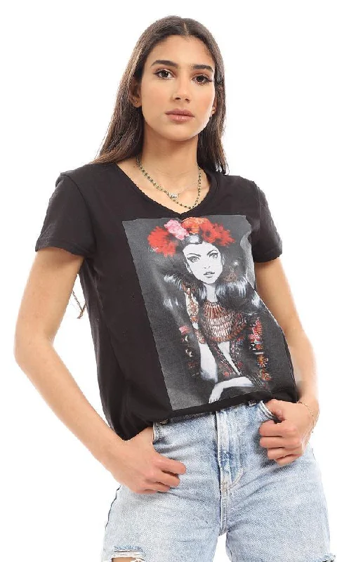 56811 Printed Casual Short Sleeves T-Shirt - Black-- Fashionable Trendy Casual
