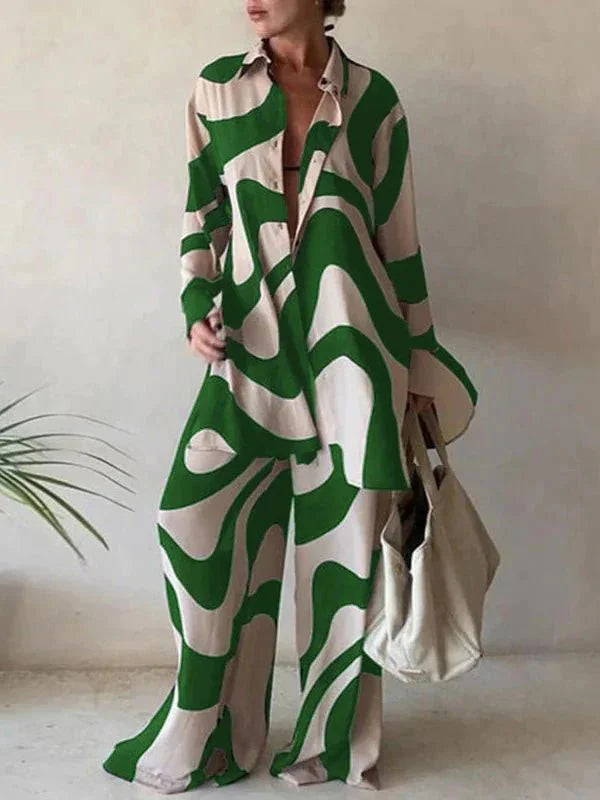 Plus Size Long Sleeve Printed Shirt And Pants Two Piece Set XL 108929-- Hooded Caped Shawl Collar