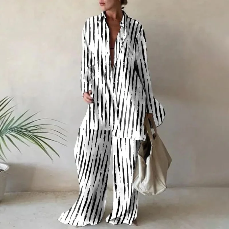 Spring and Summer Women's Printed Nine Quarter Sleeve Length Shirt+Straight Leg Pants Set for Fashion XL B-35328-- Spandex Blend Rayon Blend Denim Blend