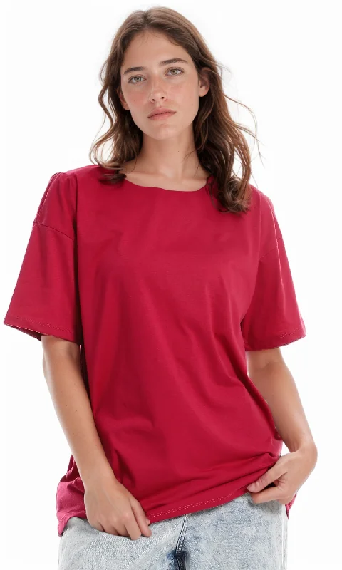 98825 Plain  Fuchsia Round Neck T-Shirt-- Welt Pockets Slit Pockets