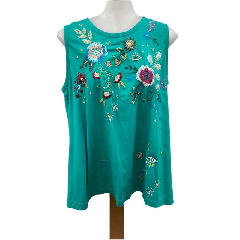 Johnny Was Women's Size L Turquoise Embroidered Sleeveless Shirt-- Welt Pockets Slit Pockets Flap Pockets Johnny Was Women's Size L Turquoise Embroidered Sleeveless Shirt-- Welt Pockets Slit Pockets Flap Pockets