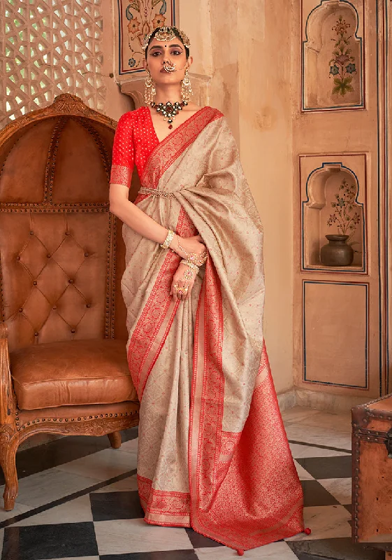 Beige & Red Color Banarasi Silk Woven Saree With Blouse Satin Bow Blouse