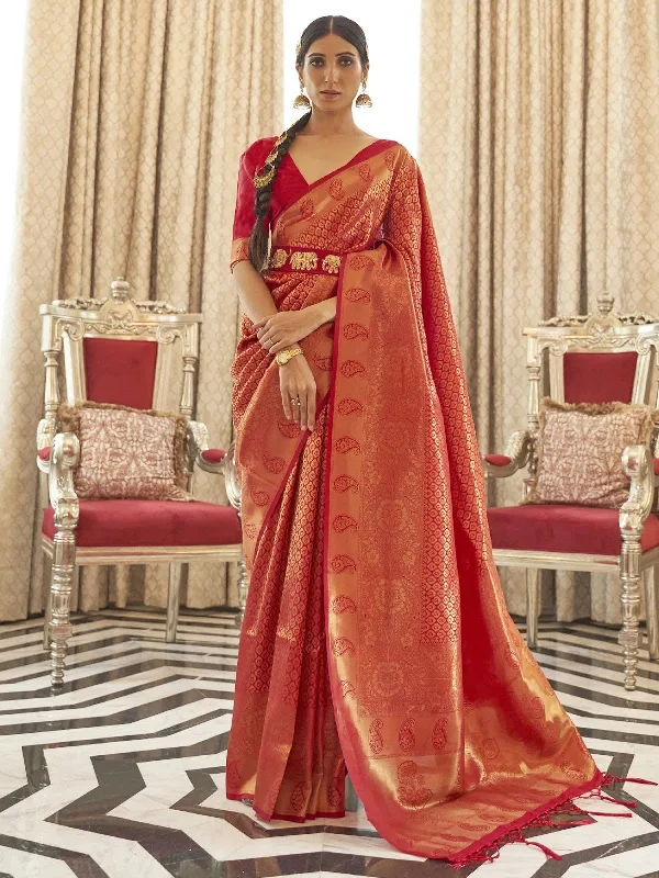 Saree Mall Women's  Blend Red Woven Design Handloom Saree With Blouse Piece-KABHA204001 Pastel Color Blouse
