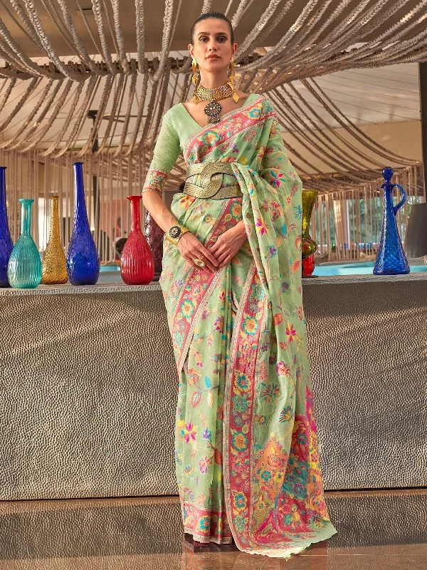 Saree Mall Women's  Blend Green Woven Design Designer Saree With Blouse Piece-KABIRA311003 Satin Bow Blouse