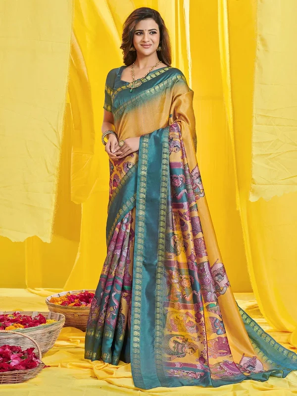 Saree Mall Women's Dola  Mustard Digital Print Designer Saree With Blouse Piece-KASAVU102 Collared Satin Blouse