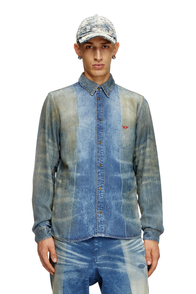 Denim Shirt With Solarised Folds-- Real Fur Shearling Chenille