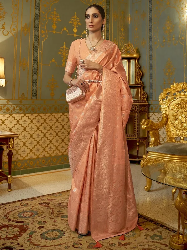 Saree Mall Women's  Blend Peach Woven Design Handloom Saree With Blouse Piece-KANDNA221004 Elegant Lace Blouse