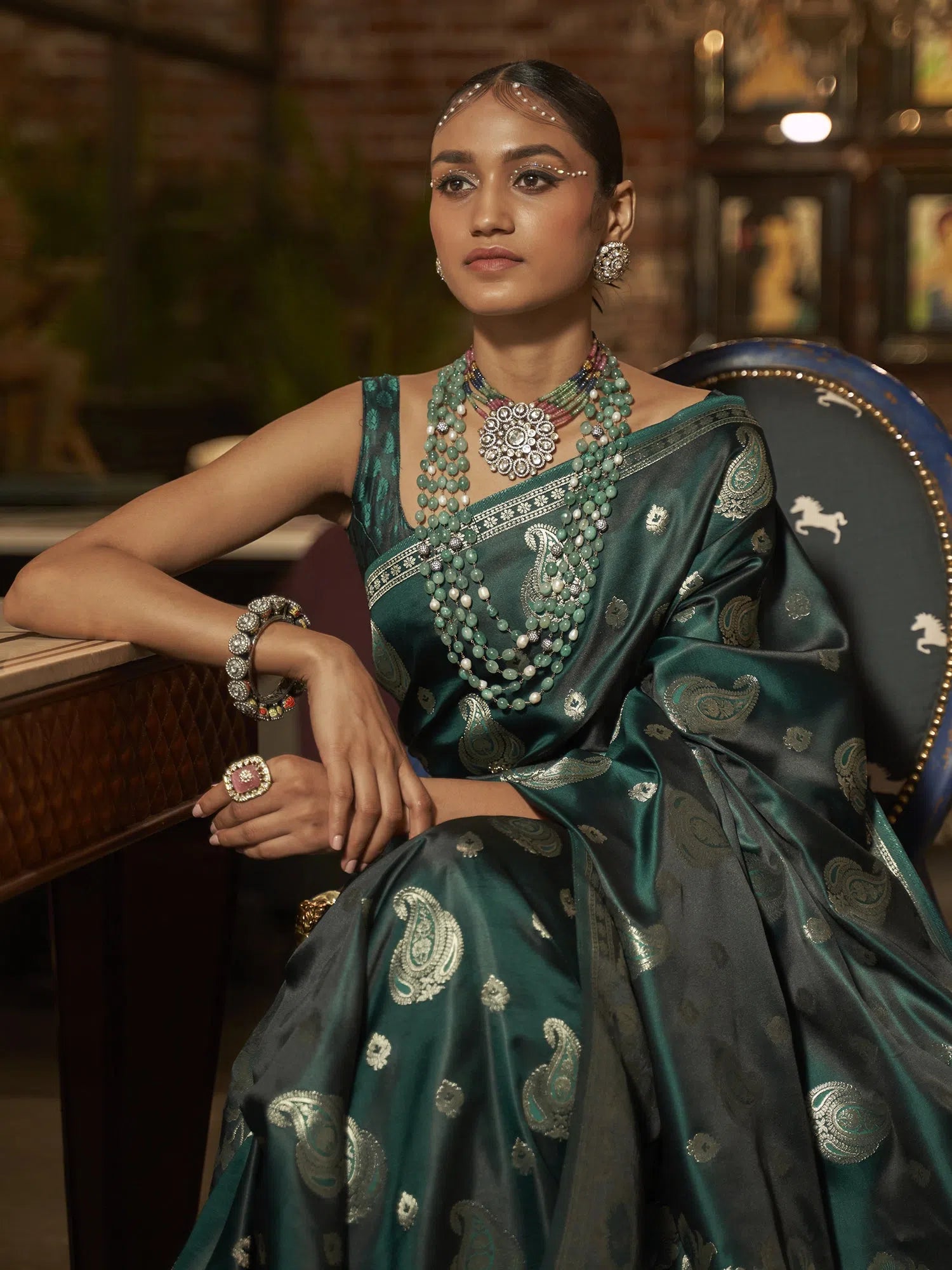 Saree Mall Women's  Blend Teal Green Woven Design Designer Saree With Blouse Piece-KRISTN288001 Ruffled Neck Blouse