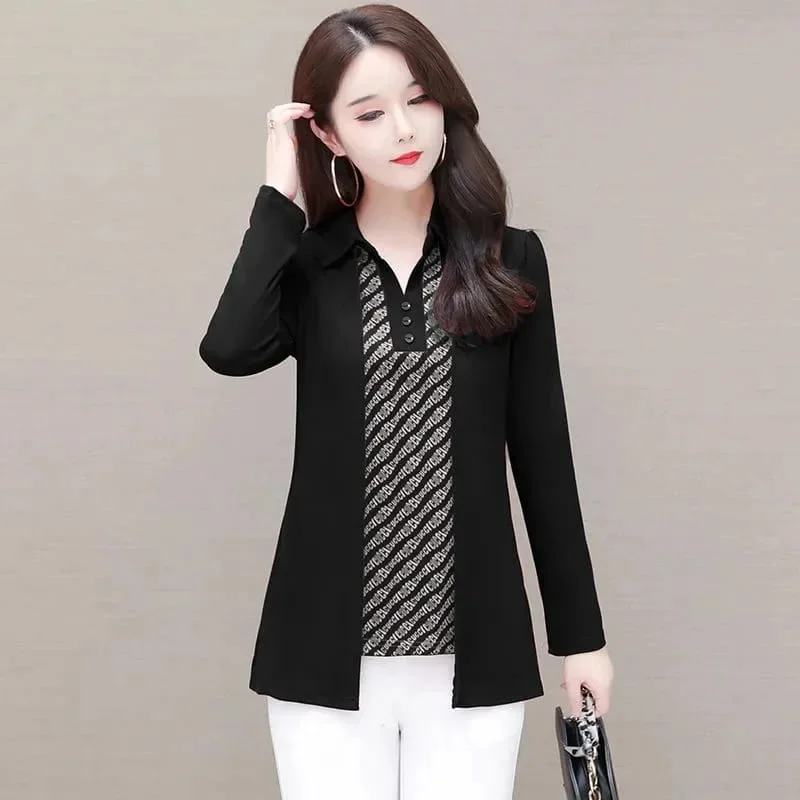 Fake Two Pieces Women T Shirt Long Sleeve Top L S4758760-- Notch Collar Peter Pan Collar Cowl Neck Fake Two Pieces Women T Shirt Long Sleeve Top L S4758760-- Notch Collar Peter Pan Collar Cowl Neck