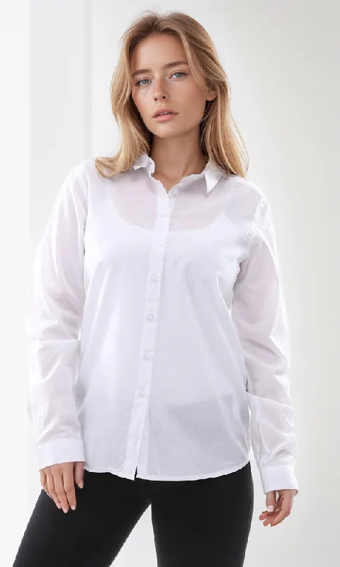 94841 Basic Solid Long Sleeves White Cotton Shirt-- Print Jacquard Patchwork