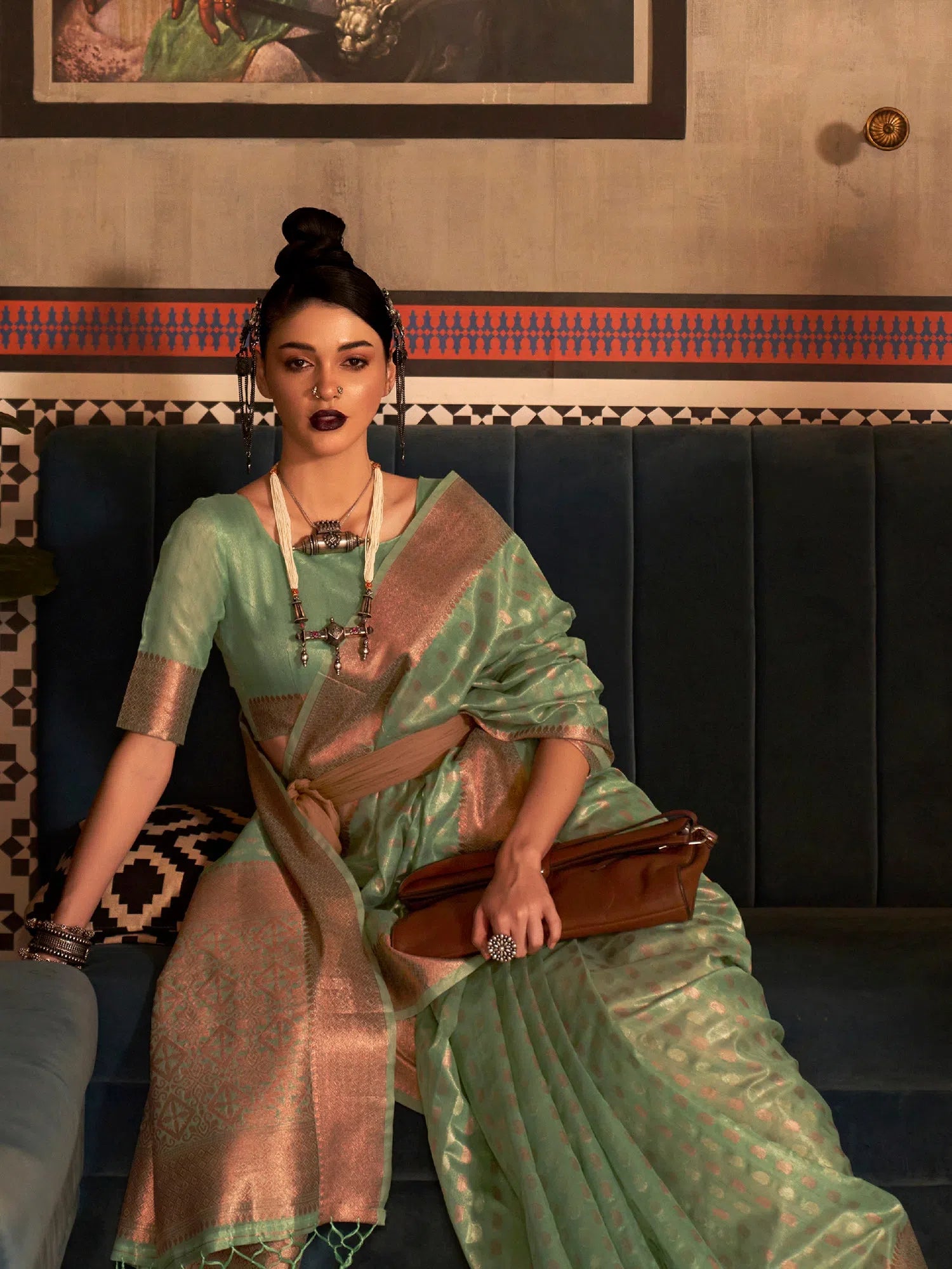 Saree Mall Women's Tissue Sea Green Woven Design Designer Saree With Blouse Piece-KRSHNI1002 Peter Pan Blouse