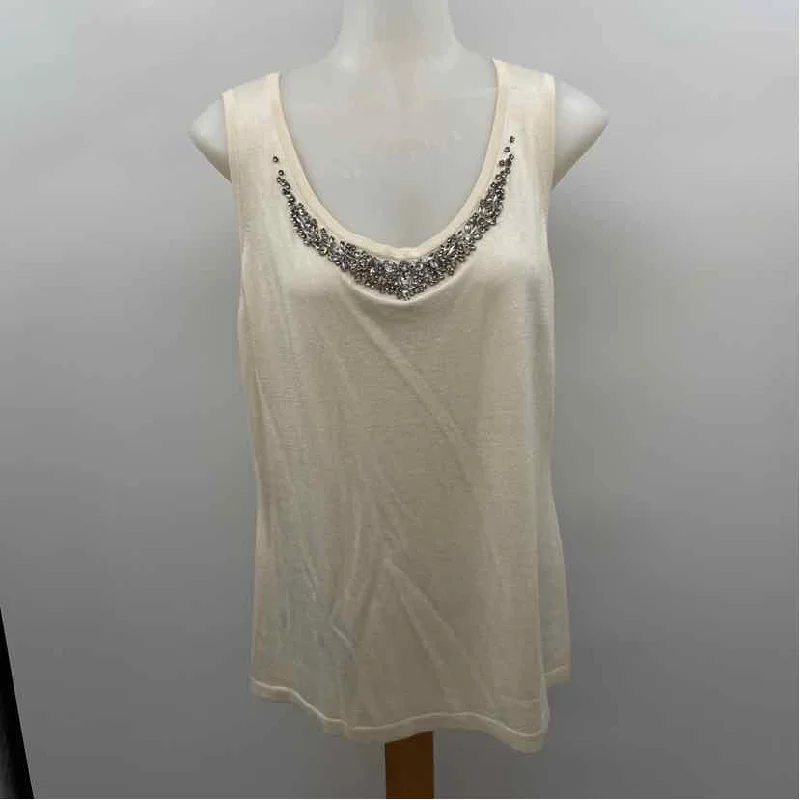 Magaschoni Women's Size L Cream Solid Sleeveless Shirt-- Embroidered Appliqued Beaded Magaschoni Women's Size L Cream Solid Sleeveless Shirt-- Embroidered Appliqued Beaded
