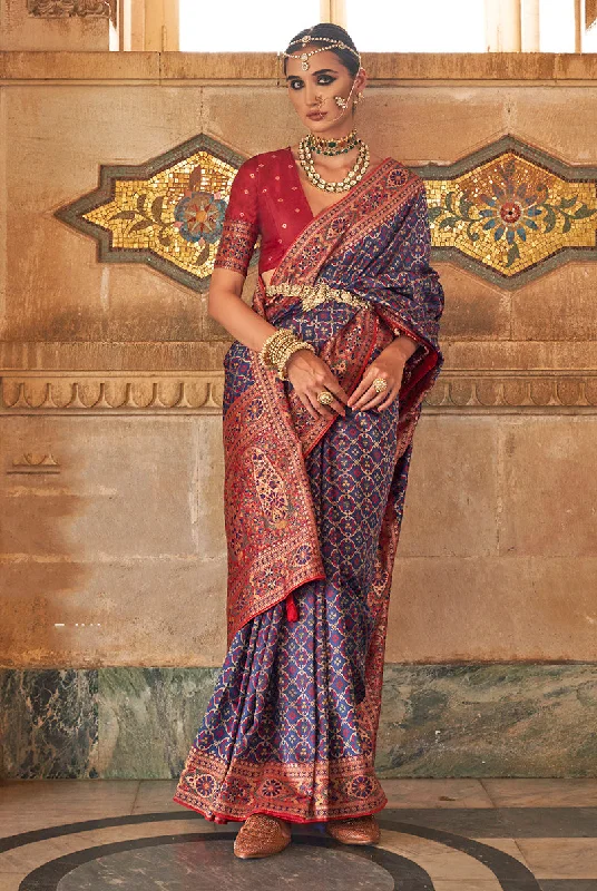 Navy Blue Color Banarasi Silk Printed Woven Saree With Blouse Subtle Shimmer Blouse