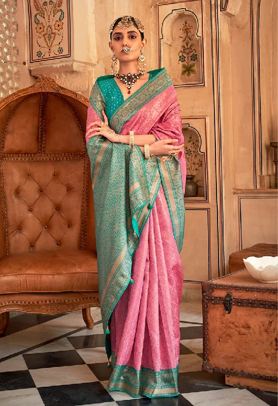 Salmon & Blue Color Banarasi Silk Woven Saree With Blouse Chic Sleeveless Blouse