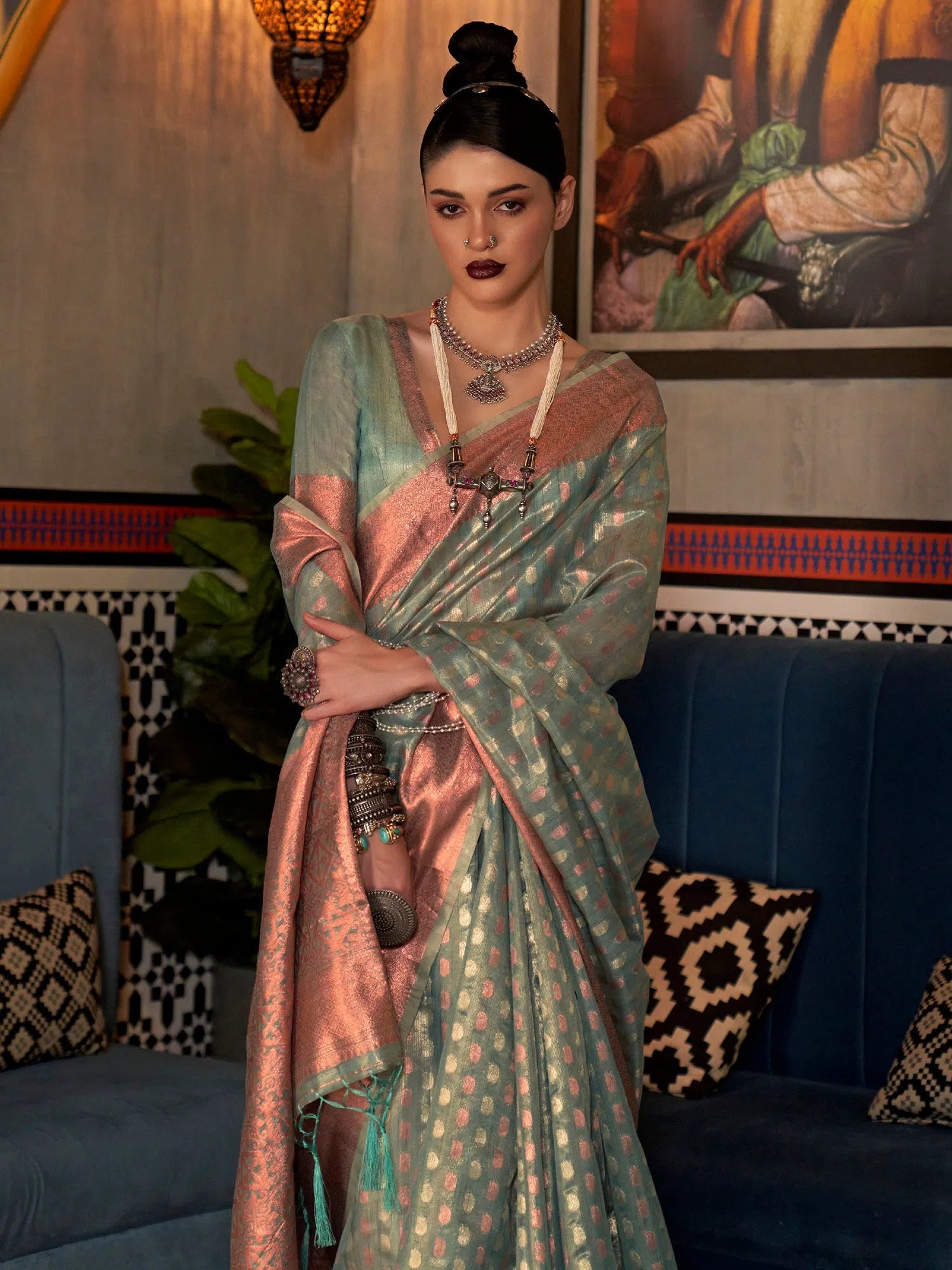 Saree Mall Women's Tissue Sea Green Woven Design Designer Saree With Blouse Piece-KRSHNI1006 Airy Cotton Blouse
