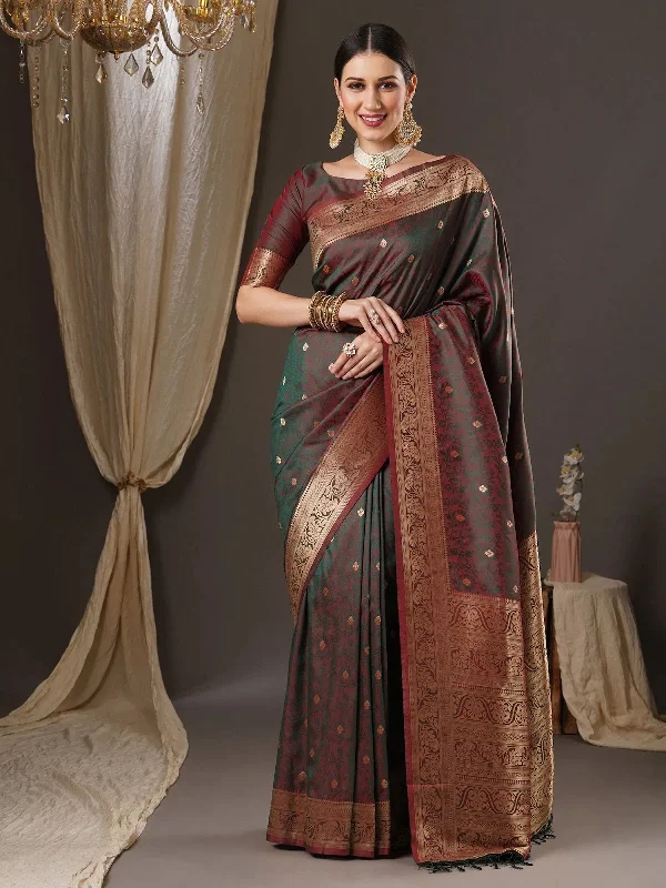Saree Mall Women's  Blend Brown Woven Design Designer Saree With Blouse Piece-13PAKHI1404 Casual Button Blouse