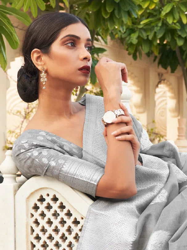 Saree Mall Women's Pure Linen Grey Woven Design Woven Saree With Blouse Piece-KVAH216003 Satin Long Blouse