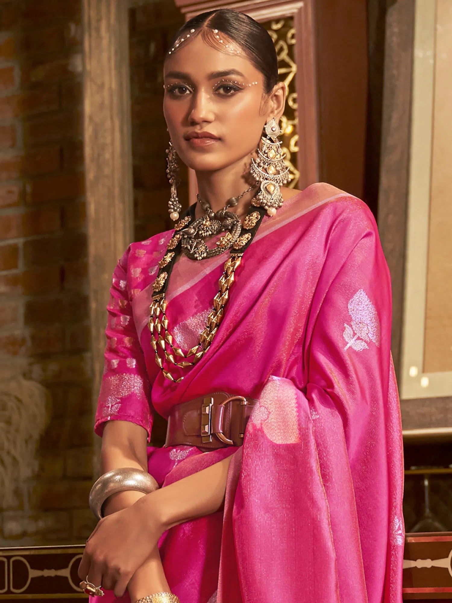 Saree Mall Women's  Blend Pink Woven Design Handloom Saree With Blouse Piece-KUSHITA284003 Peter Pan Blouse