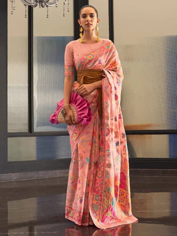 Saree Mall Women's  Blend Pink Woven Design Designer Saree With Blouse Piece-KABIRA311002 Feminine Ruffle Blouse