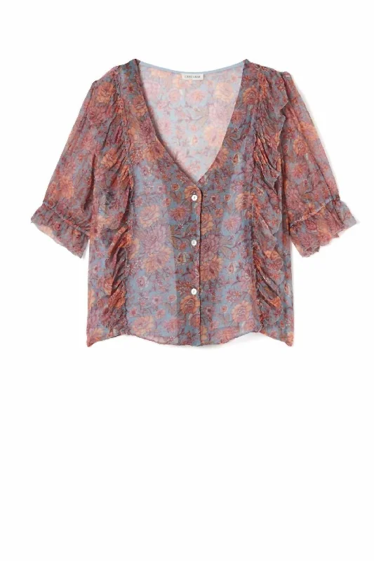 Blouse Ali In Blue Garden Flowers Sweetheart Neck Blouse