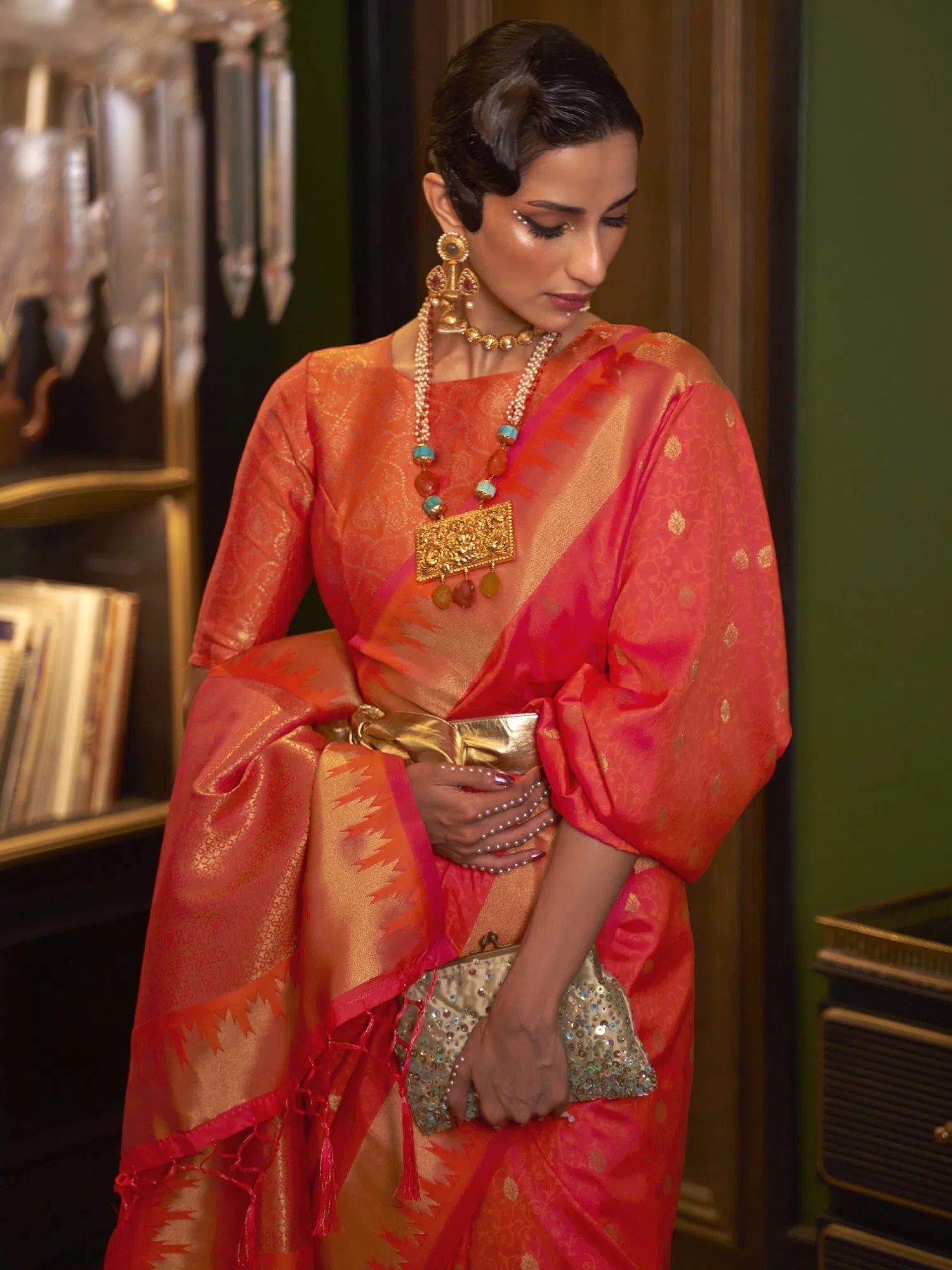 Saree Mall Women's  Blend Peach Woven Design Designer Saree With Blouse Piece-KRISA291003 Elegant Office Blouse