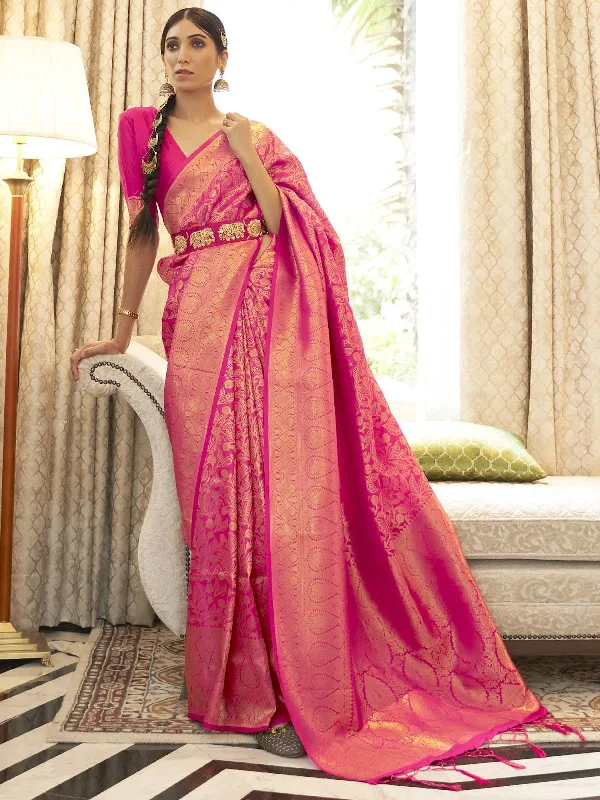 Saree Mall Women's  Blend Pink Woven Design Handloom Saree With Blouse Piece-KABHA204004 Sheer Mesh Blouse