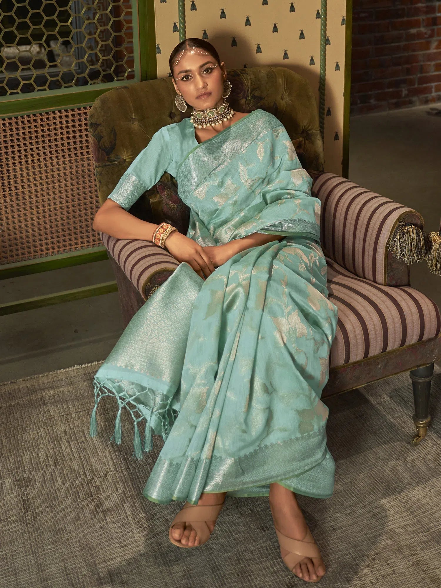 Saree Mall Women's  Blend Sea Green Woven Design Designer Saree With Blouse Piece-KISHIR286006 Playful Puff Blouse