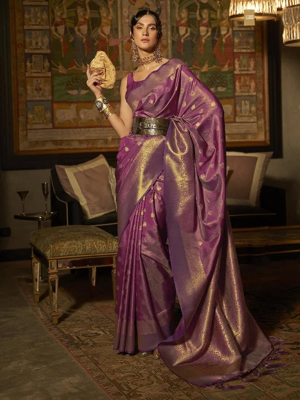 Saree Mall Women's  Blend Purple Woven Design Handloom Saree With Blouse Piece-KARNAZ256001 Double-Layered Blouse