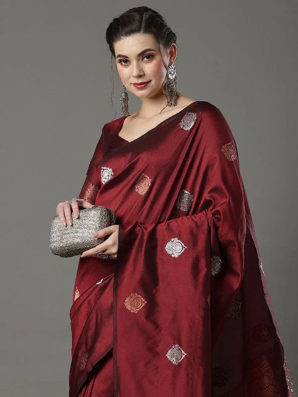 Saree Mall Women's  Blend Maroon Woven Design Designer Saree With Blouse Piece-15PAKHI1607 Casual Relaxed Fit Blouse