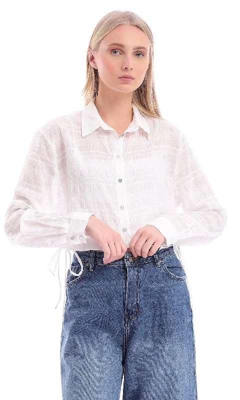 95772 Side Drawstrings White Cropped Summer Shirt-- Silk Blend Satin Velvet