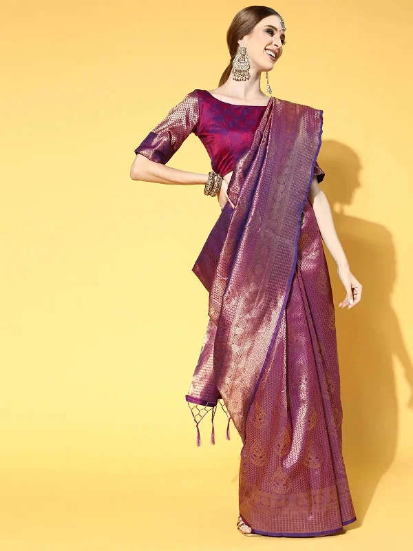 Saree Mall Women's Blend Purple Woven Design Celebrity Saree With Blouse Piece-KNDIN145002 Delicate Bow Blouse Saree Mall Women's Blend Purple Woven Design Celebrity Saree With Blouse Piece-KNDIN145002 Delicate Bow Blouse