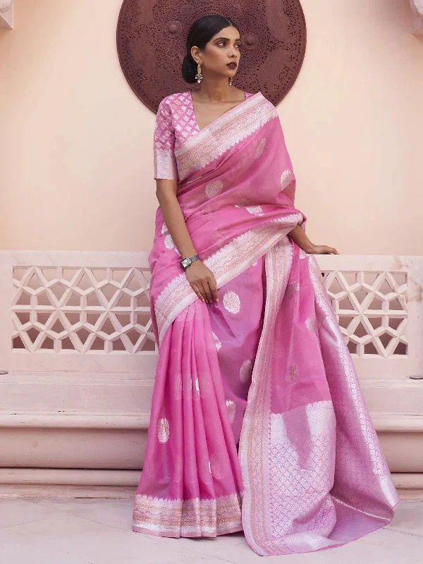 Saree Mall Women's Linen Blend Pink Woven Design Designer Saree With Blouse Piece-KAVNI217002 Soft Modal Blouse