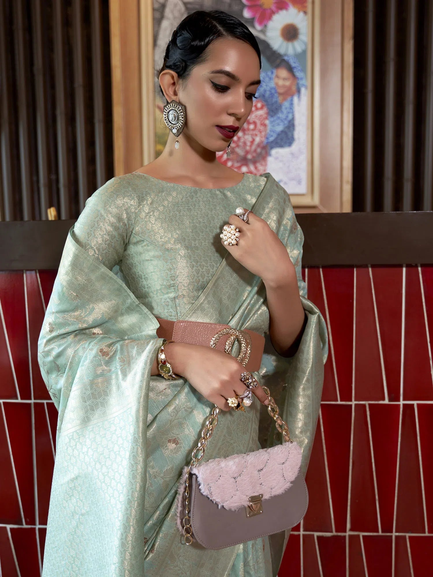Saree Mall Women's  Blend Sea Green Woven Design Designer Saree With Blouse Piece-KIRPAN281001 Ruffled Neck Blouse