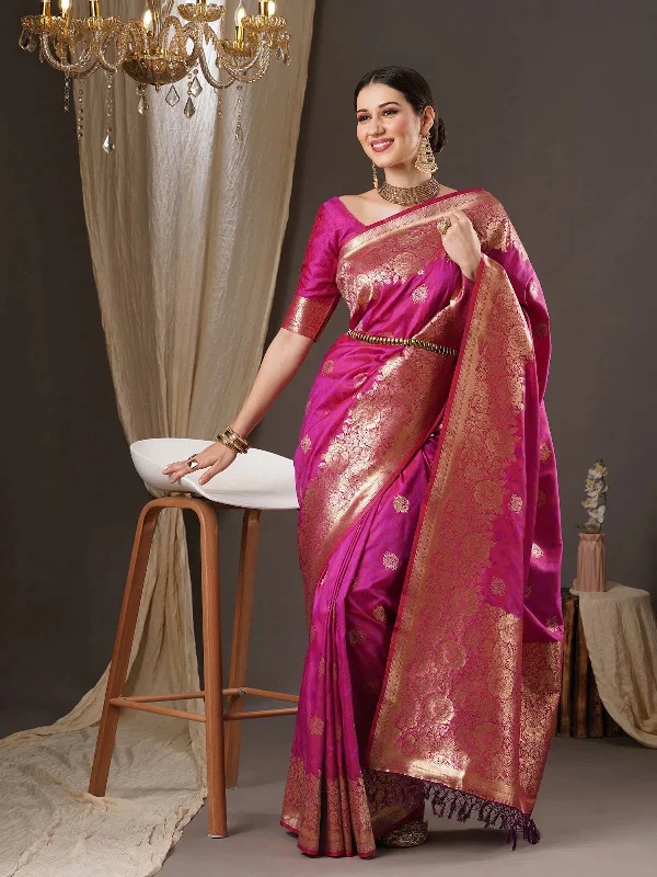 Saree Mall Women's  Blend Magenta Woven Design Designer Saree With Blouse Piece-13PAKHI1408 Drape Neck Blouse