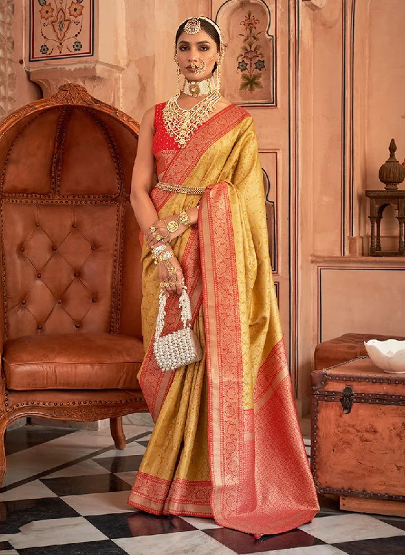Mustard & Red Color Banarasi Silk Woven Saree With Blouse Sweetheart Neck Blouse