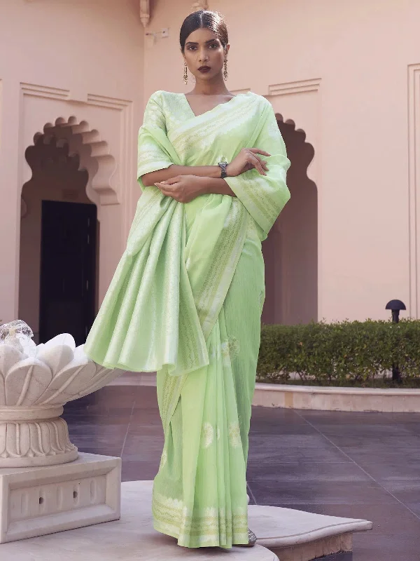 Saree Mall Women's Linen Blend Light Green Woven Design Designer Saree With Blouse Piece-KAVNI217006 Vintage Polka Blouse