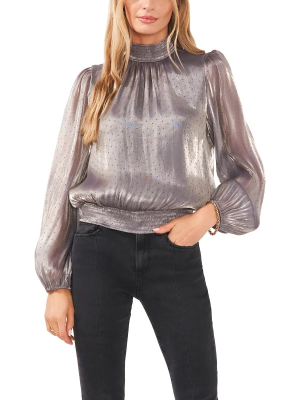 Womens Metallic Mock Neck Blouse Sleeveless Chiffon Blouse