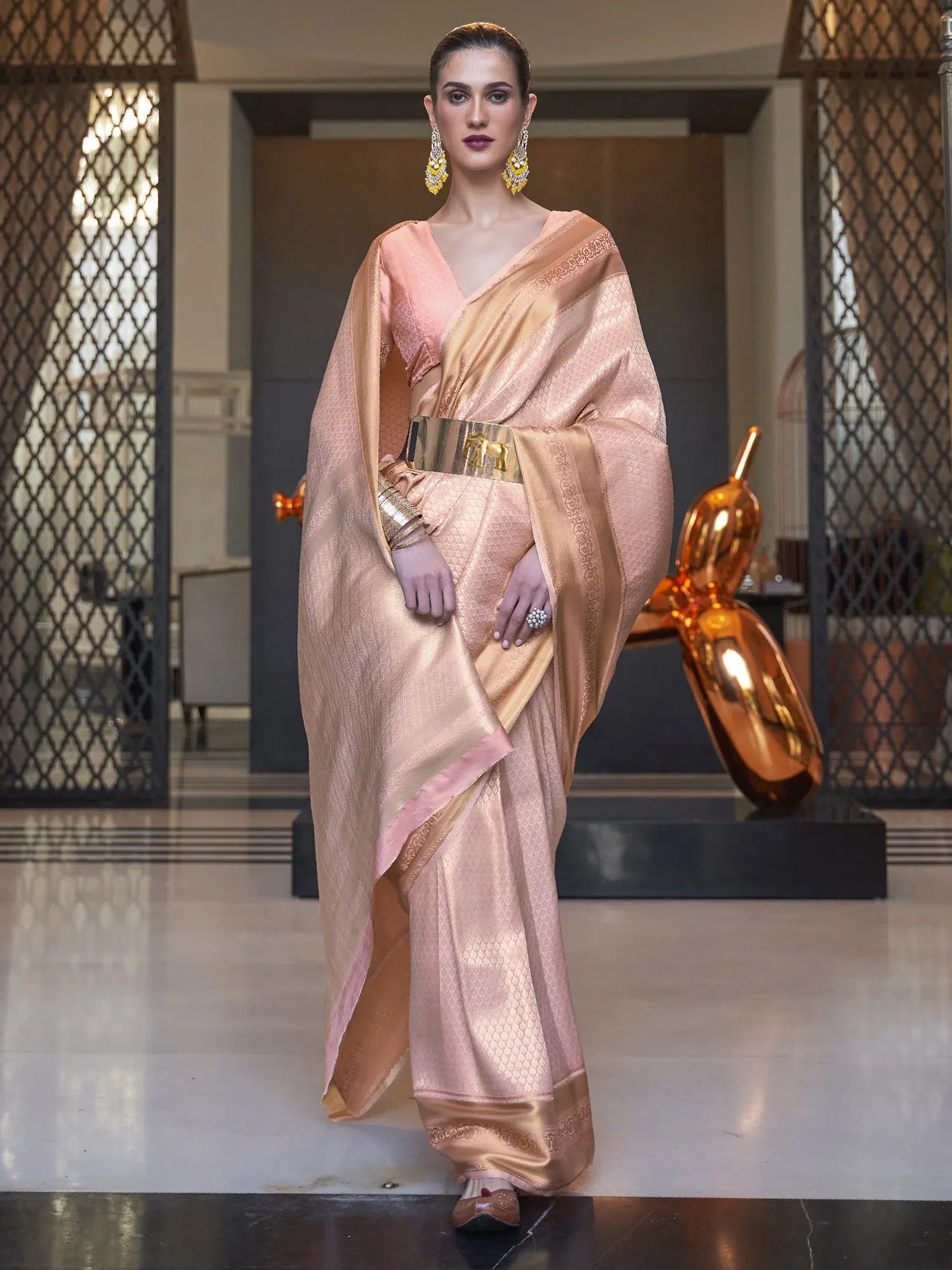 Saree Mall Women's  Blend Peach Woven Design Designer Saree With Blouse Piece-KHITAB245006 Elegant Peplum Blouse