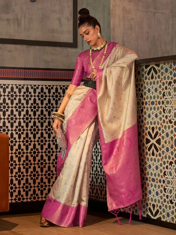 Saree Mall Women's  Blend Off White Woven Design Handloom Saree With Blouse Piece-KAIZAA4003 Casual Stripe Blouse