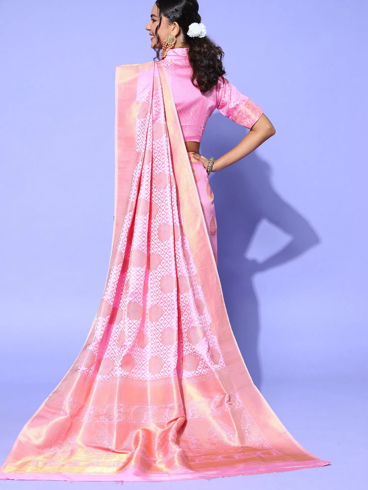 Saree Mall Women's Blend Pink Woven Design Celebrity Saree With Blouse Piece-KSWHT220006 Balloon Sleeve Blouse Saree Mall Women's Blend Pink Woven Design Celebrity Saree With Blouse Piece-KSWHT220006 Balloon Sleeve Blouse