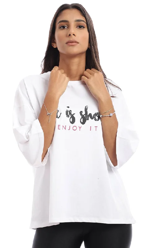 95354 Loose Fit Printed Cotton White T-Shirt-- Satin Blend Silk Blend Wool Blend