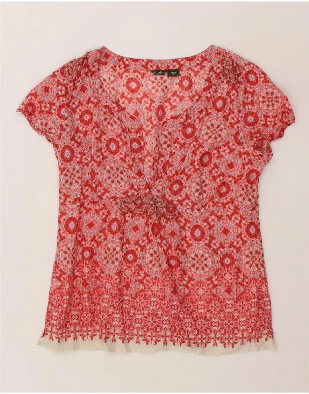 EDDIE BAUER Womens Abstract Pattern Blouse Top UK 16 Large Red Colourblock Side Tie Blouse