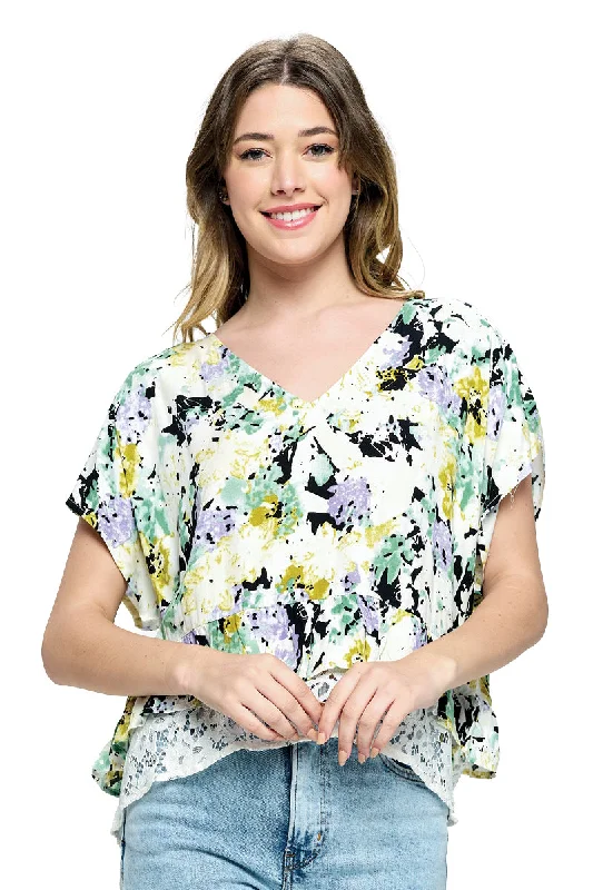 Blouse Casual Floral Ruffled Lace Collared Satin Blouse