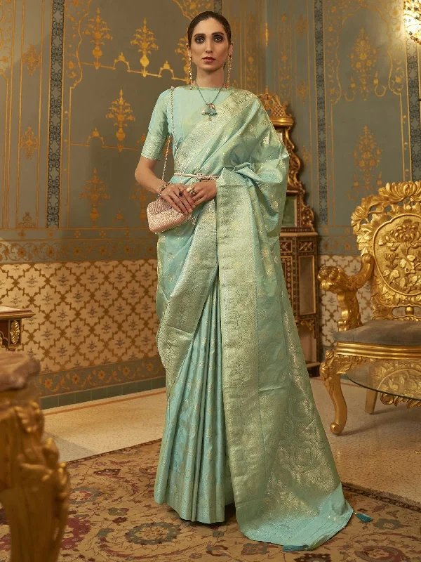 Saree Mall Women's  Blend Sea Green Woven Design Handloom Saree With Blouse Piece-KANDNA221001 Smart Business Blouse