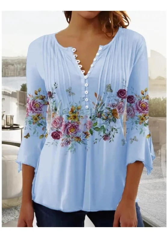 Floral Print V-Neck Short-Sleeved  T-Shirt XL B-71160-- Cashmere Blend Cotton Blend Poly Blend