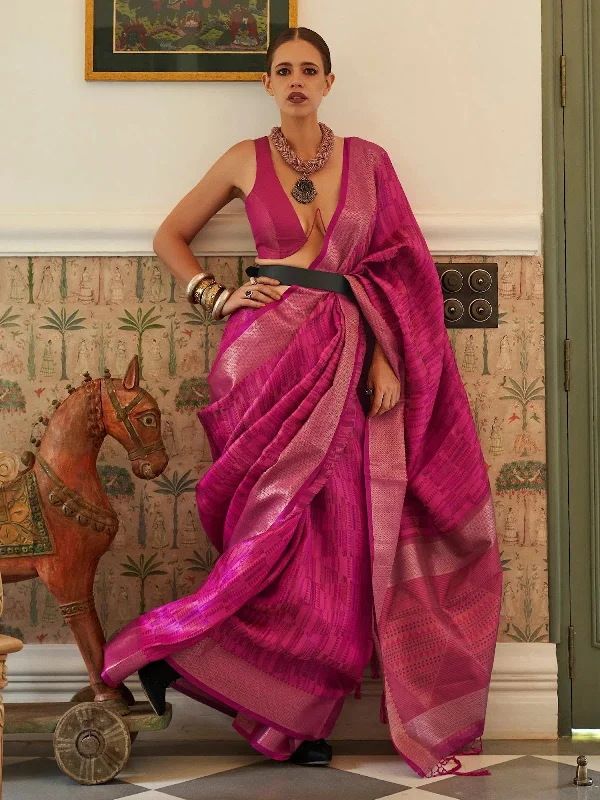 Saree Mall Women's Organza Magenta Woven Design Handloom Saree With Blouse Piece-KALKI309004 Classic Striped Blouse